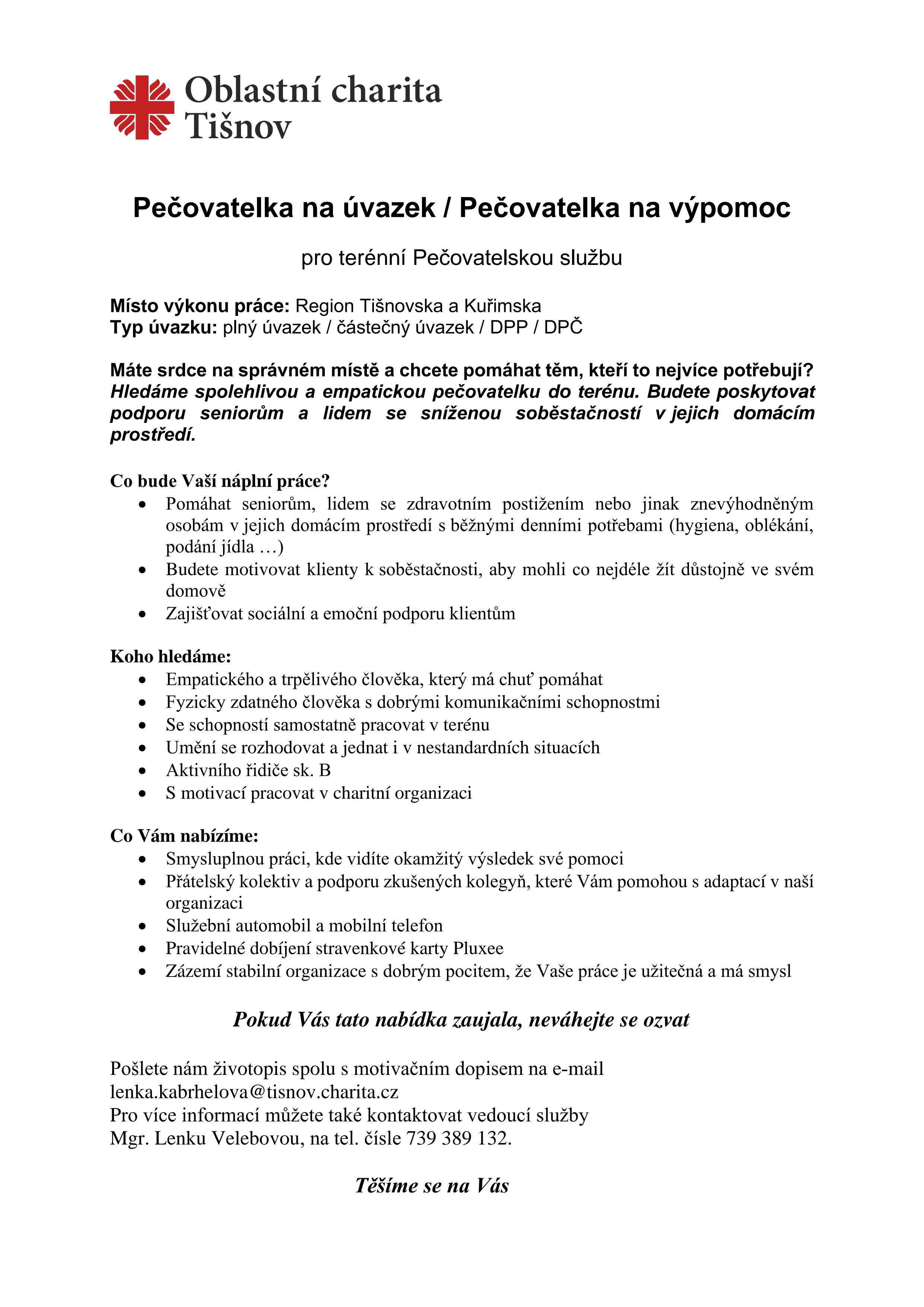 Obec Žďárec - Volné místo - pečovatelka